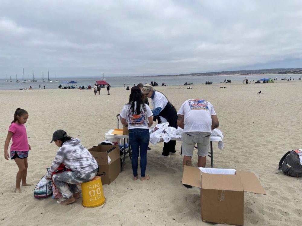 a group of people on a beach
